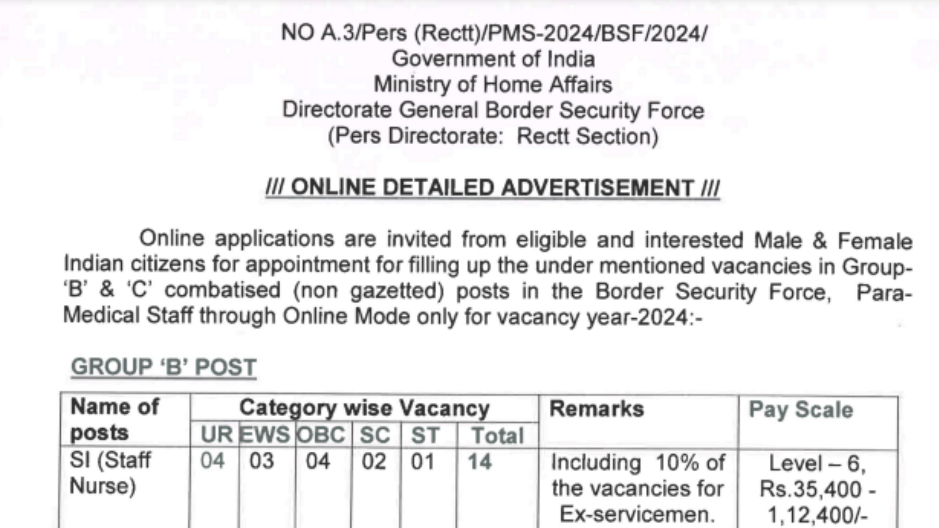 BSF Group B & Group C Paramedical, Workshop, and Veterinary Staff Recruitment 2024 Notification and Online Form