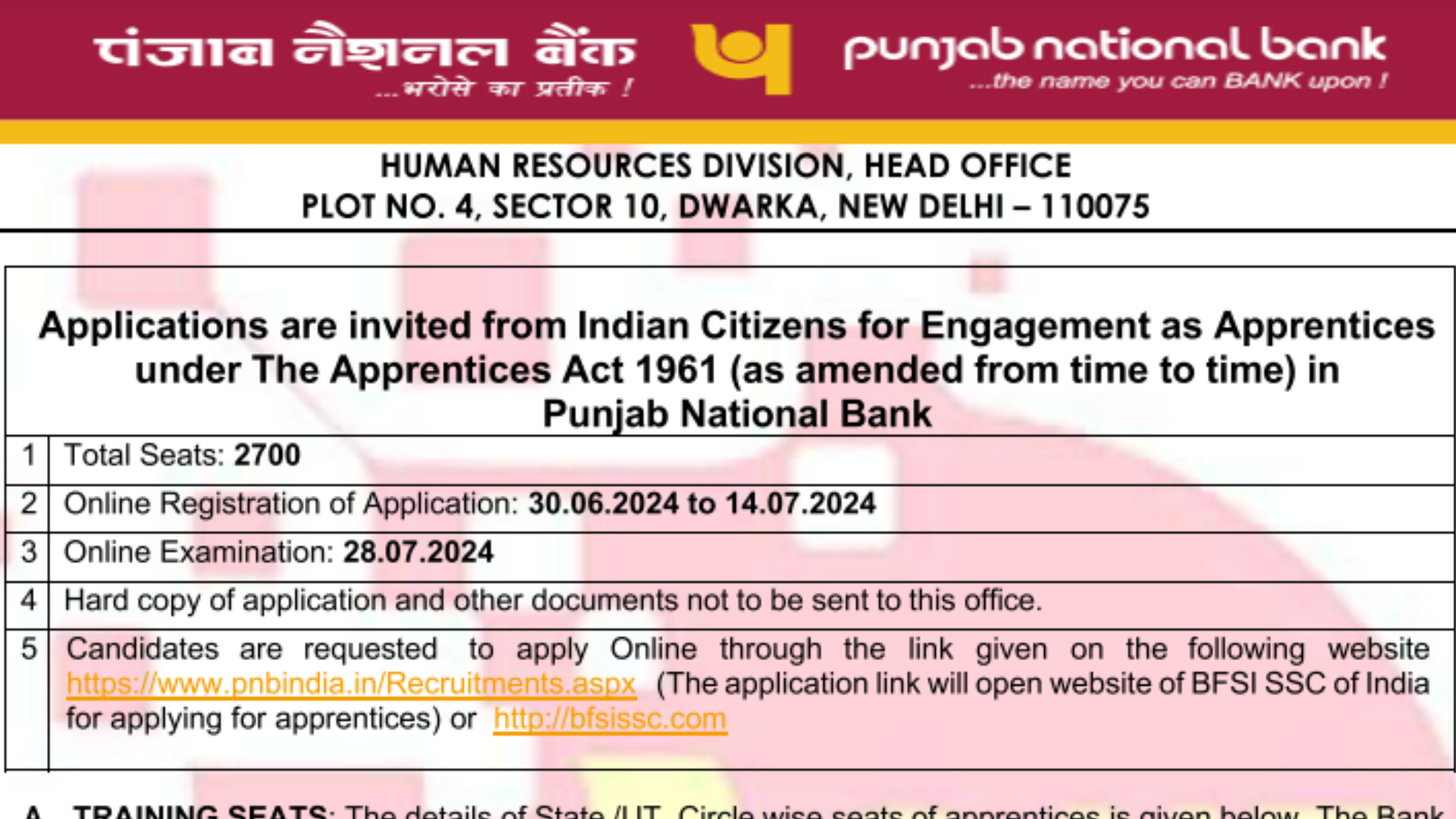 PNB Apprentice Recruitment 2024 [2700 Post] Notification and Online Form