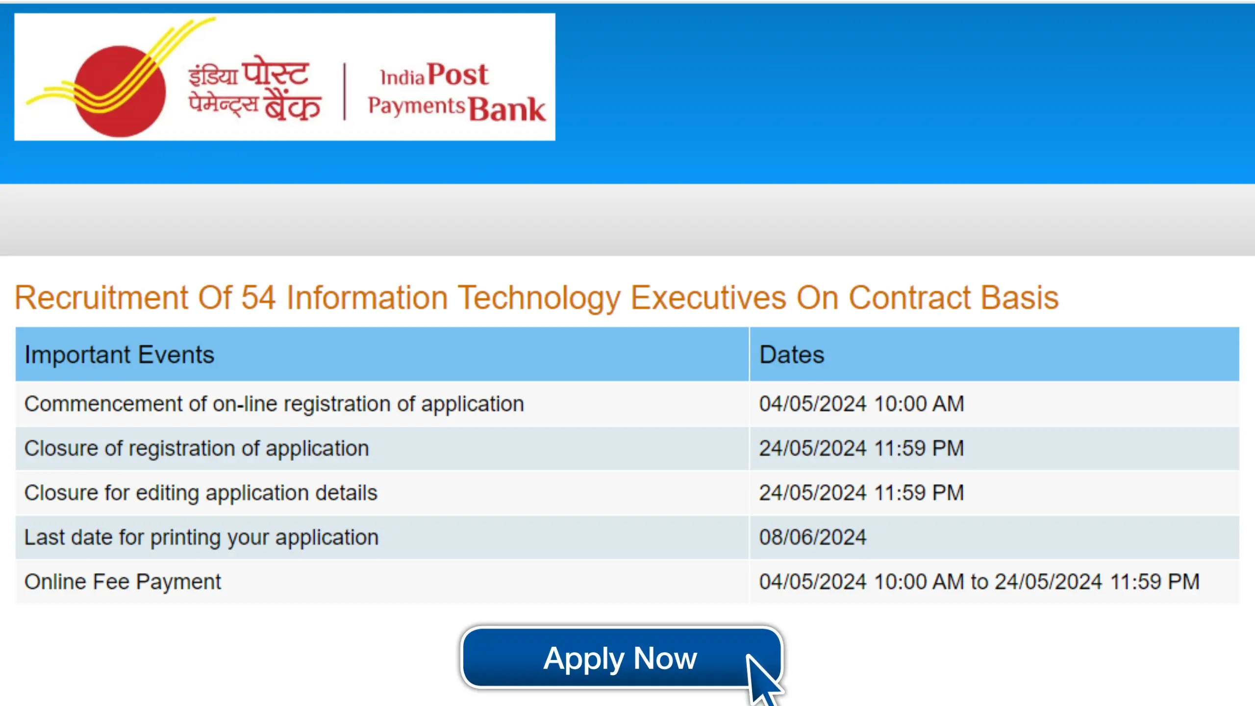 India Post Payments Bank Recruitment 2024 Notification for Information Technology Executives