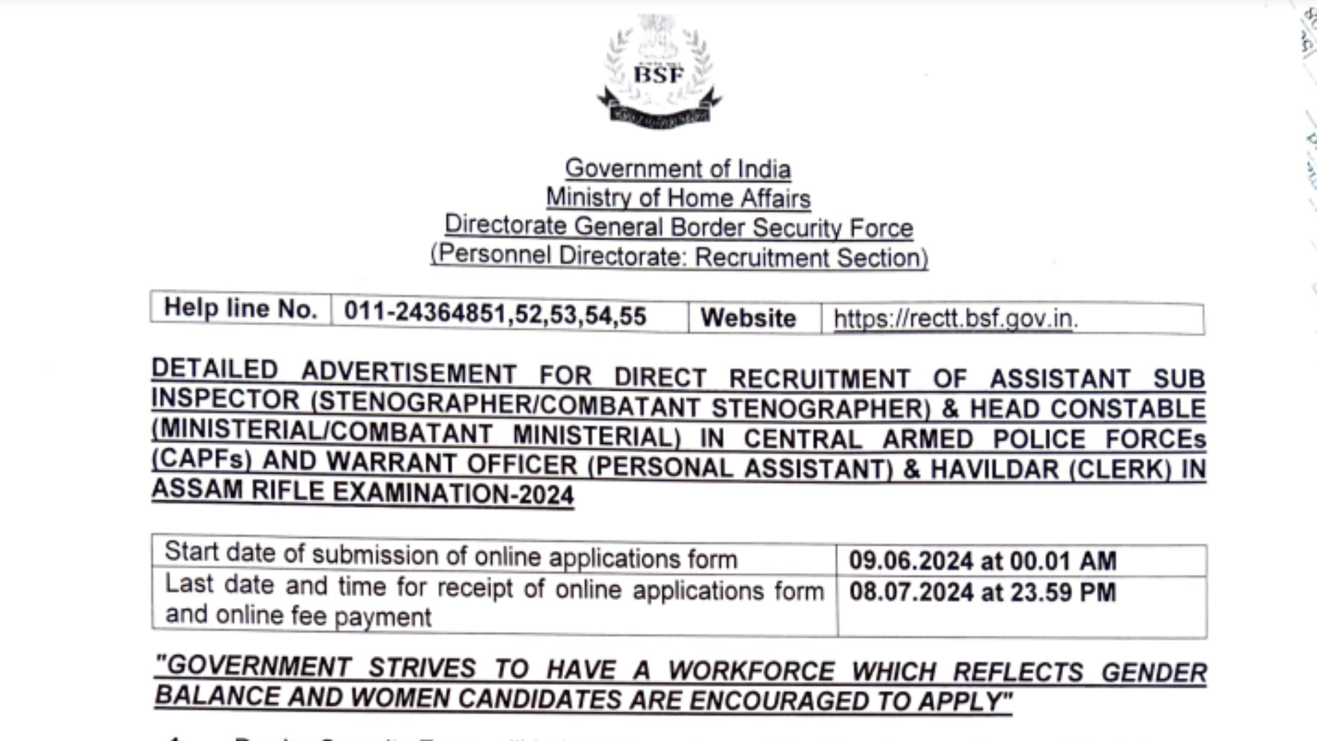 BSF Assistant Sub Inspector ASI Stenographer and Head Constable HC Ministerial Recruitment 2024 Apply Online for 1526 Post