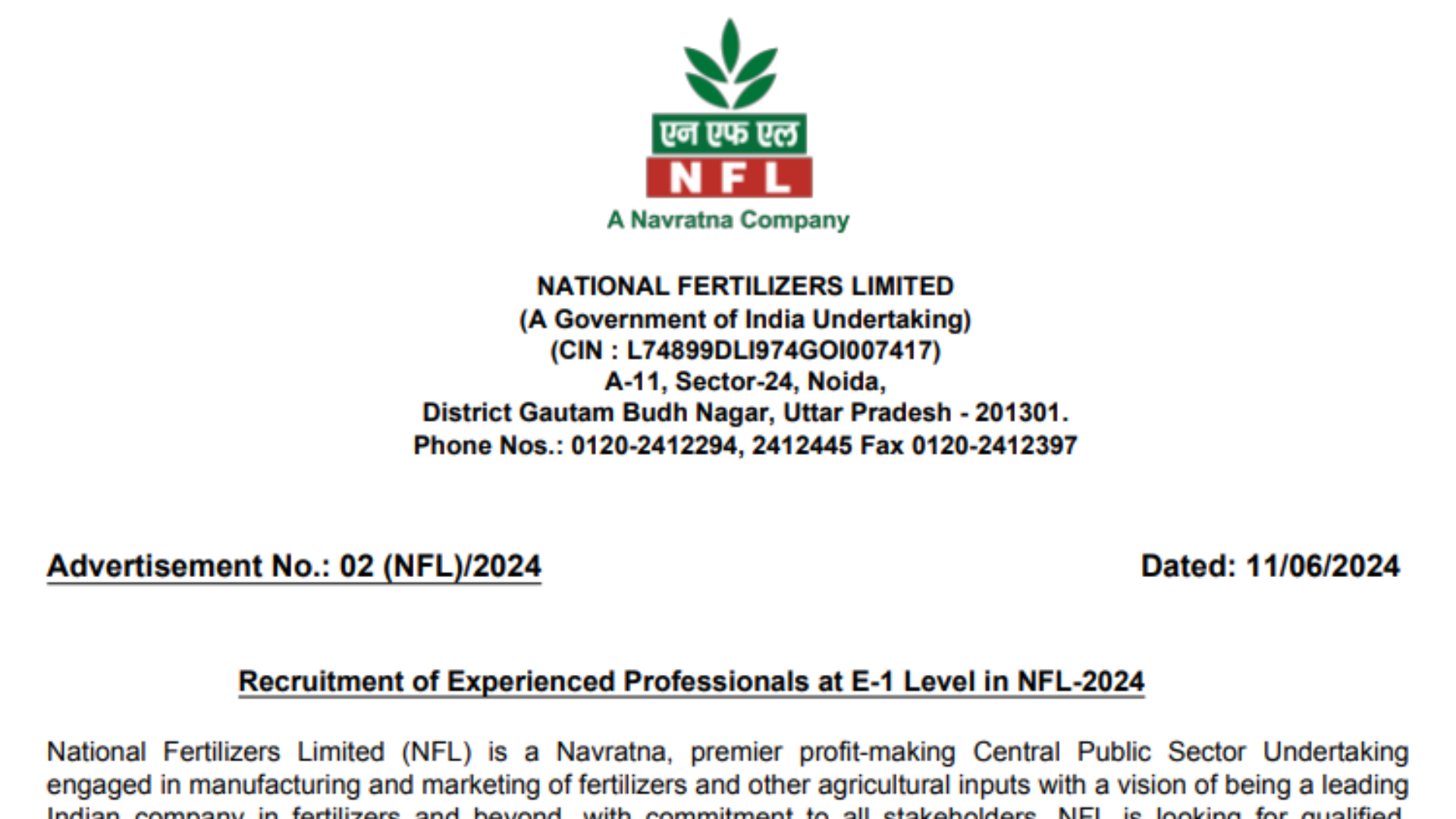 National Fertilizers (NFL) Recruitment 2024: Engineer Positions Notification and Online Form