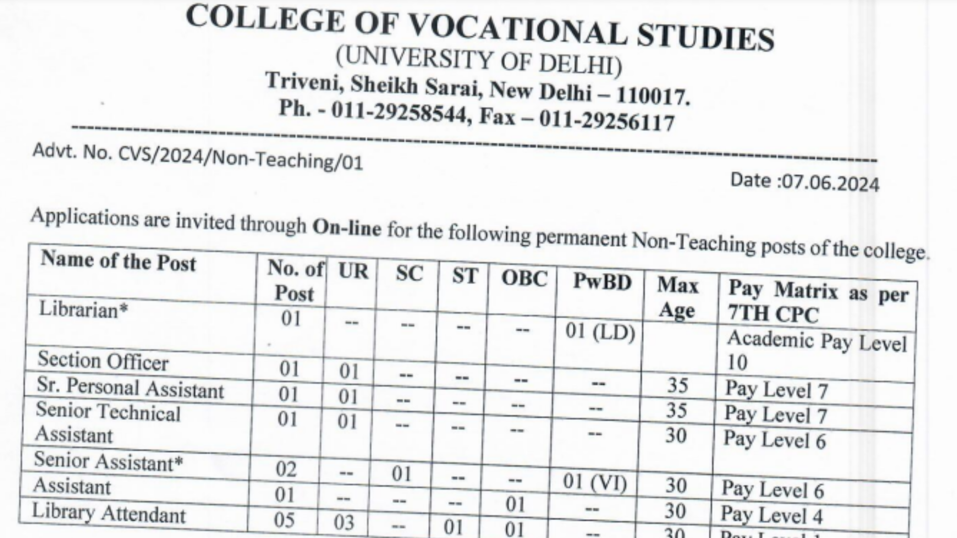 CVS Delhi University Non-Teaching Recruitment 2024 Notification and Online Form