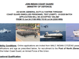 Coast Guard (ICG) Navik (GD), Yantrik 01/2025 Notification and Online Form