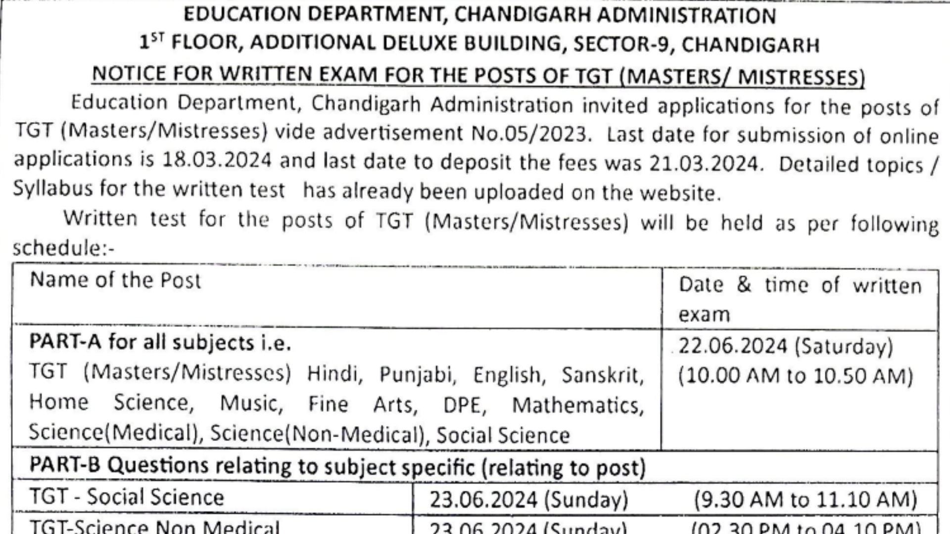 Chandigarh TGT Recruitment 2024 Answer Key Out, Download PDF