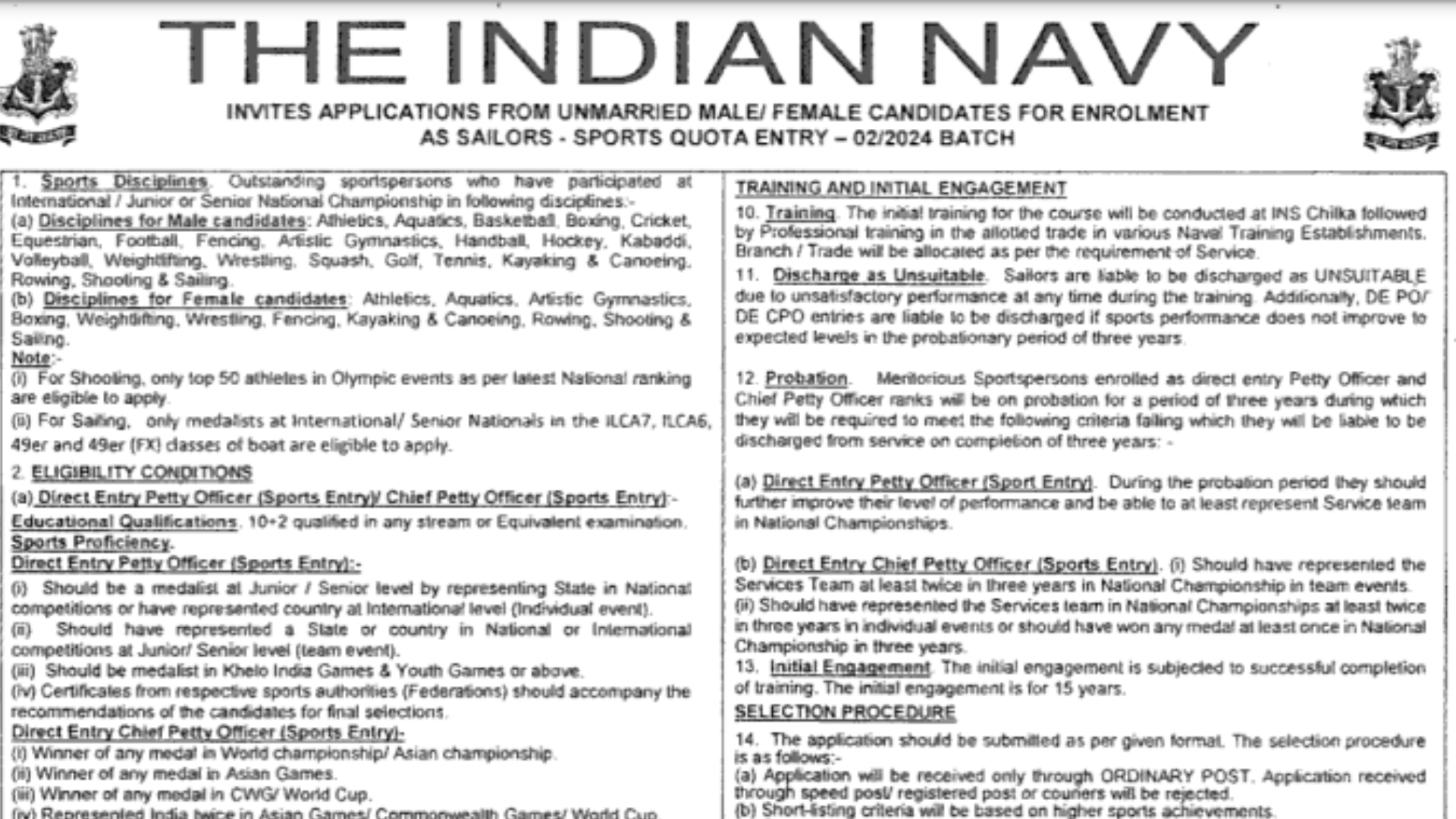 Indian Navy Sports Quota Recruitment 2024 Notification and Offline Form