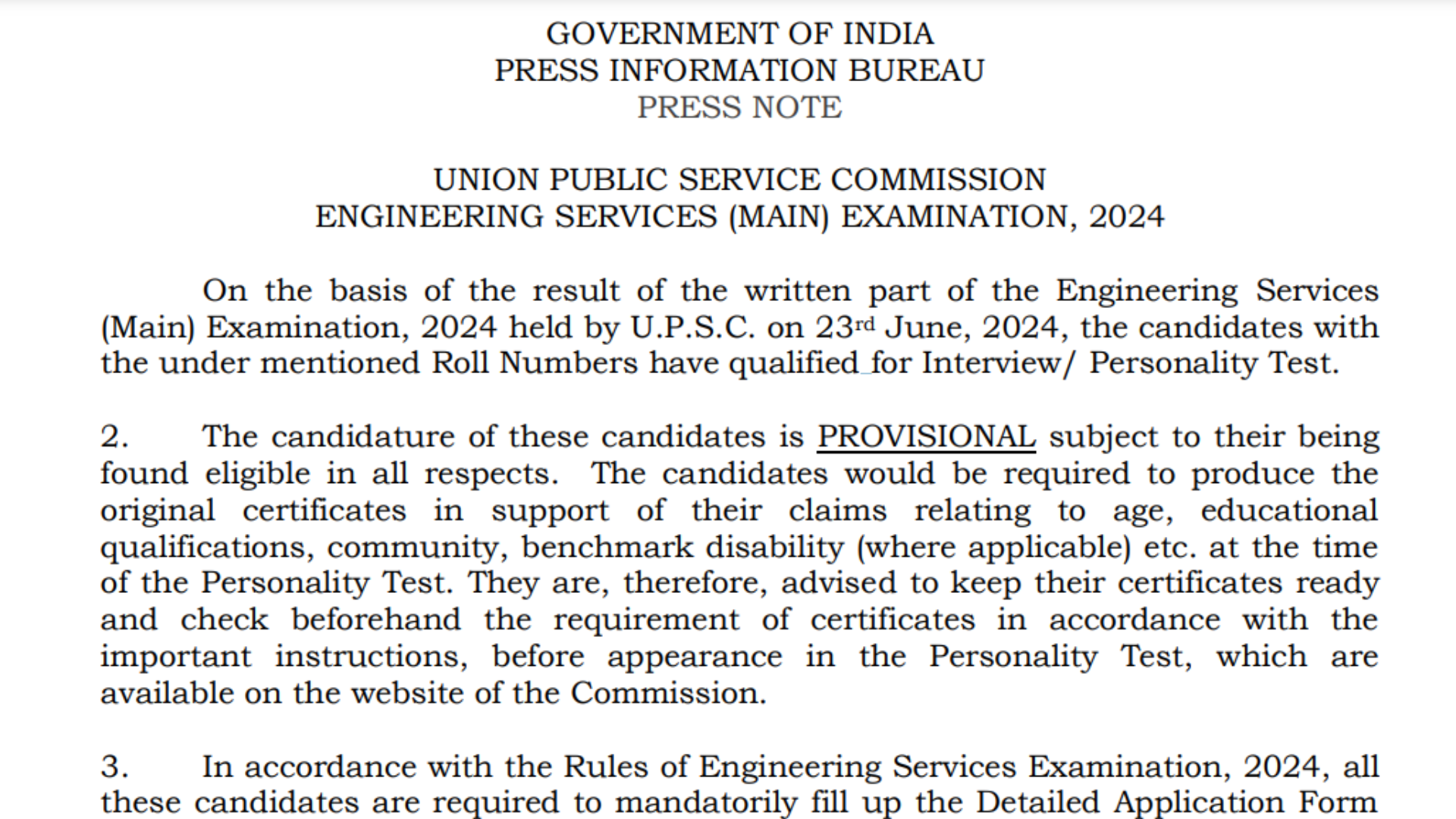 UPSC Engineering Services Examination 2024 Pre Result, Mains Result for 167 Post