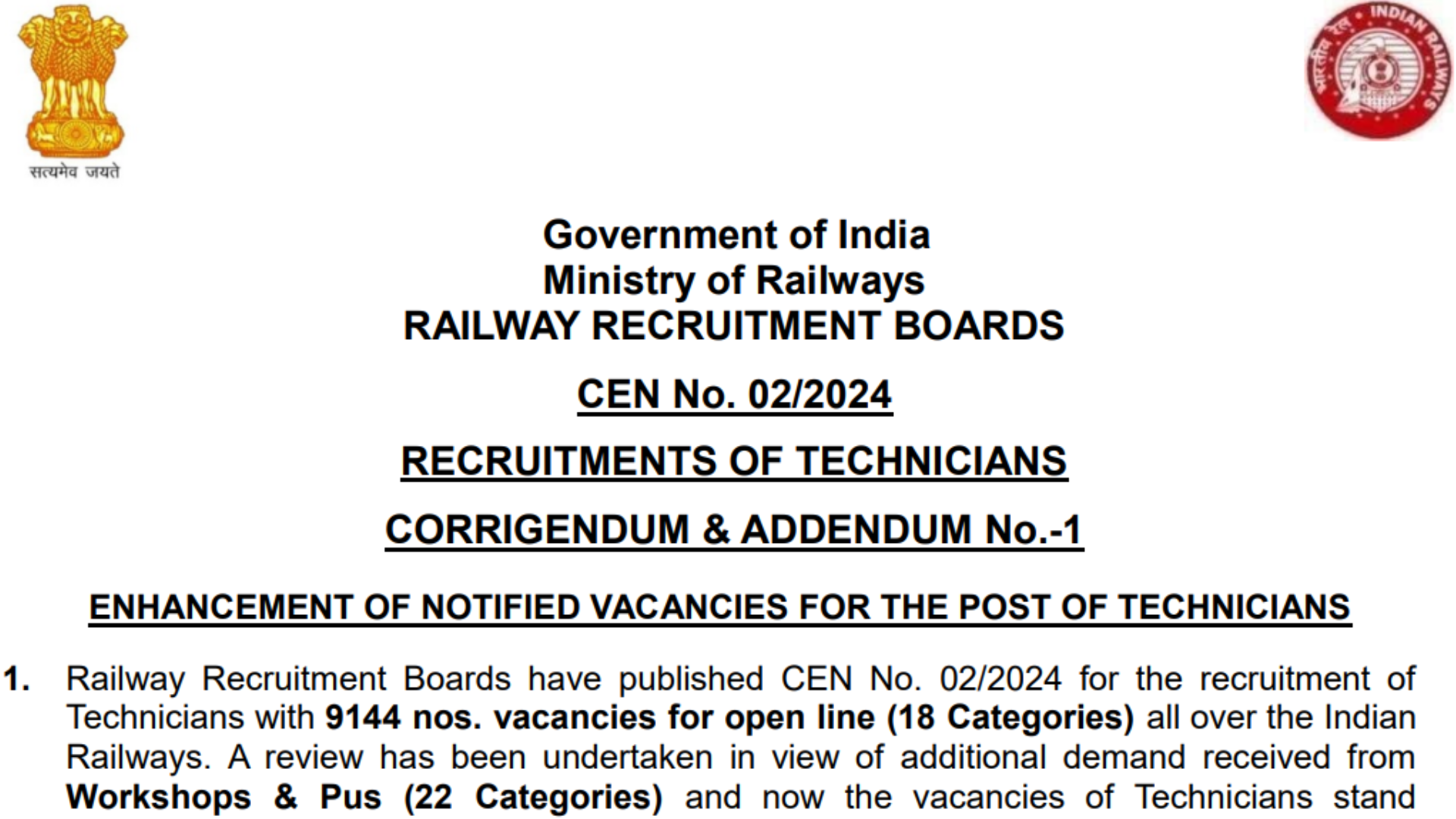 Railway Recruitment Board RRB Technician CEN 02/2024 Vacancy Increase 2024 for 14298 Post