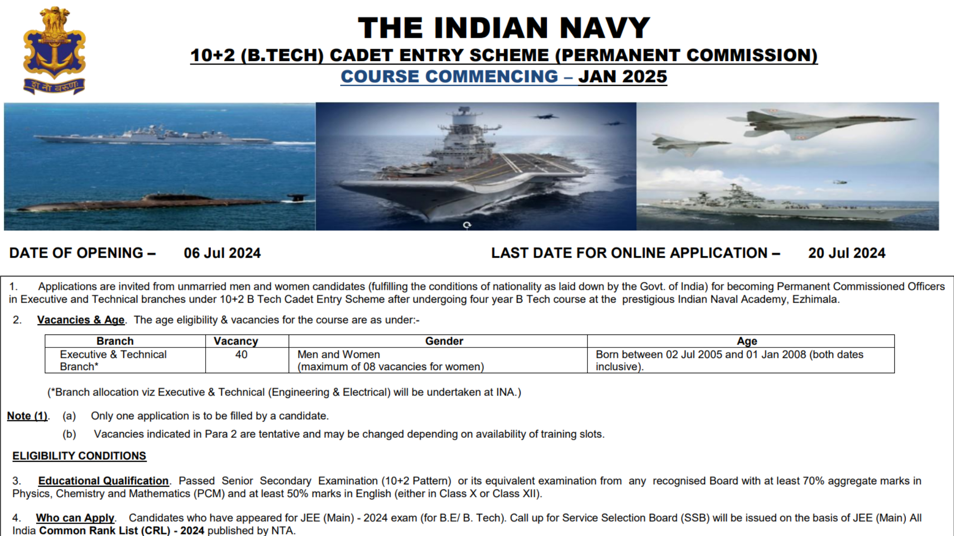 Navy 10+2 (B.Tech) Cadet Entry Scheme Notification Out for JAN 2025 Course, Apply Online
