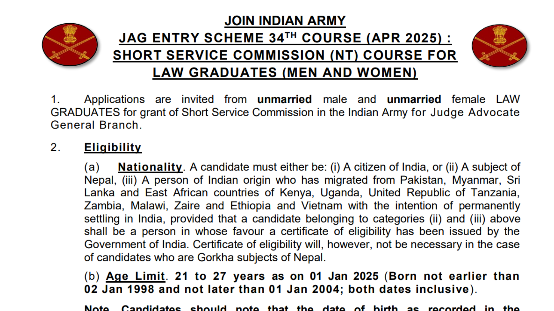 Indian Army JAG 34th Batch Recruitment 2024 Apply Online for 10 Post