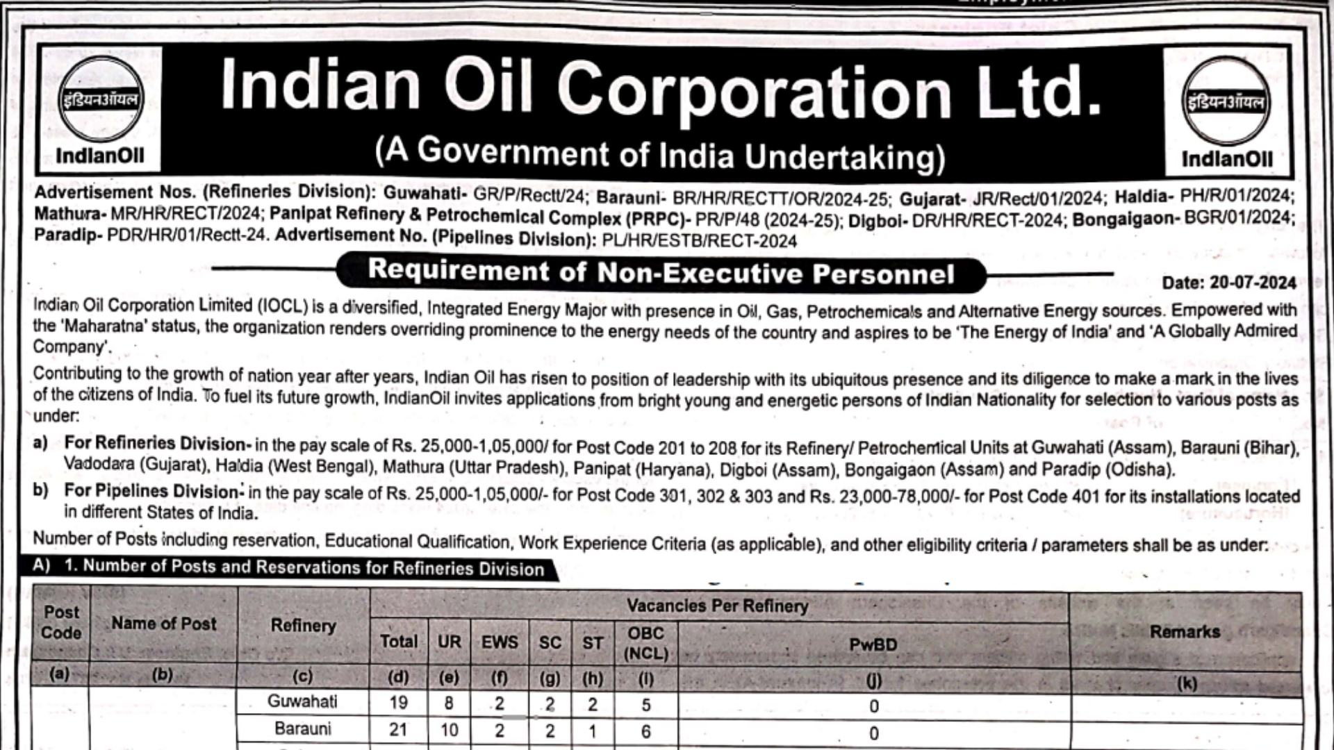 IOCL Non-Executive Recruitment 2024 Notification Out for 467 Posts, Apply Online at iocl.com