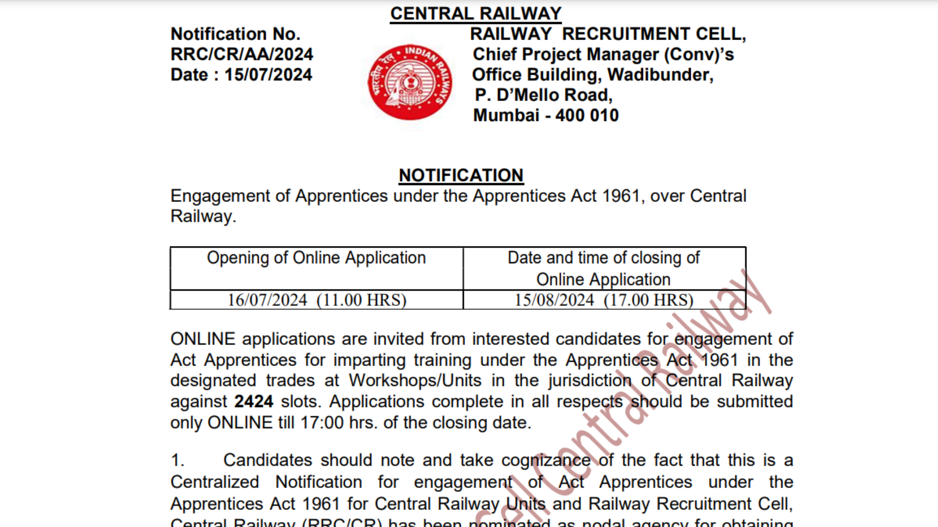 Central Railway RRC CR Apprentice Recruitment 2024 Notification OUT for 2424 Posts, Apply Online at rrccr.com