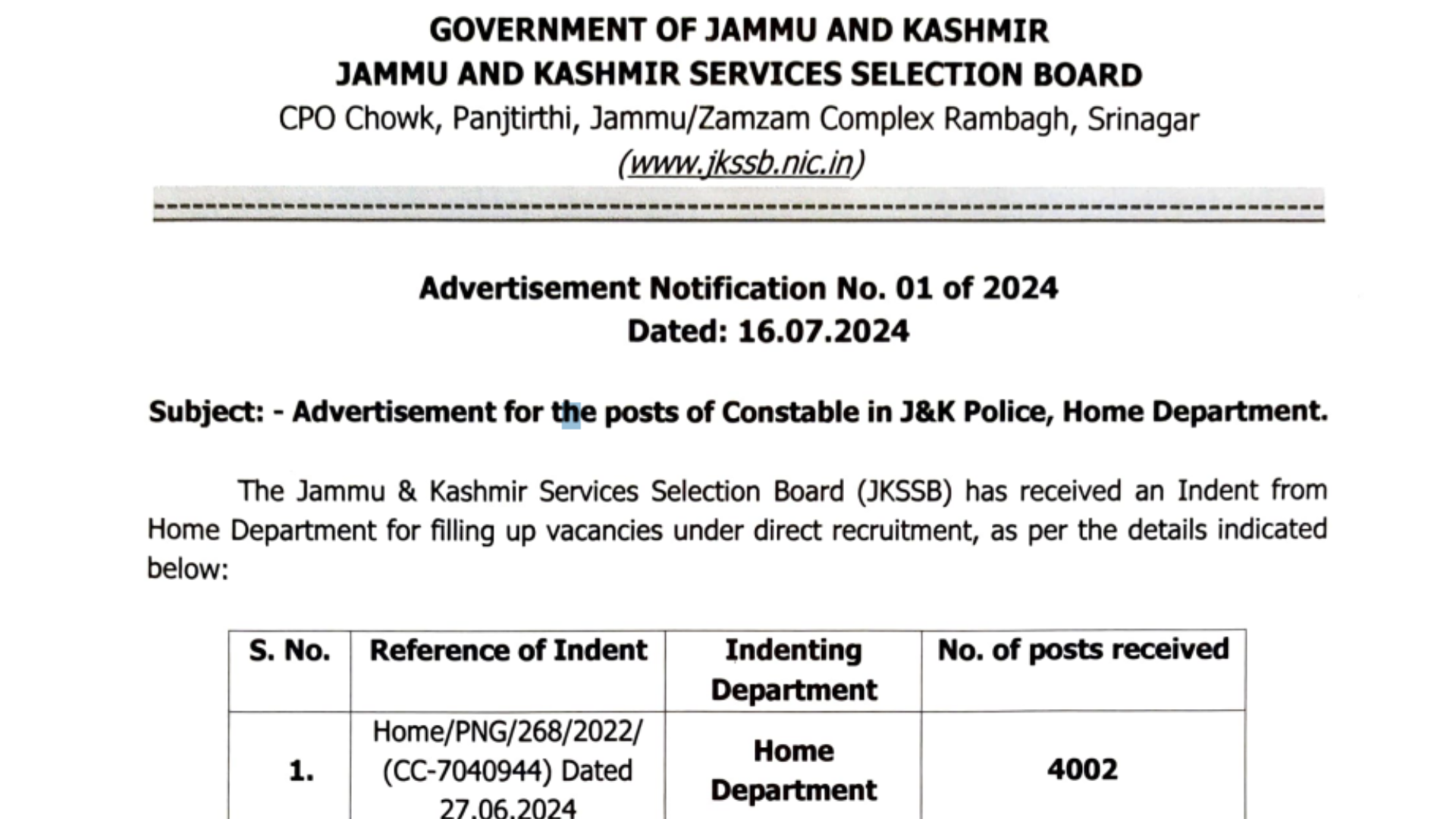 JK Police Constable Recruitment 2024 [4002 Post] Notification Out, Apply Online at jkssb.nic.in