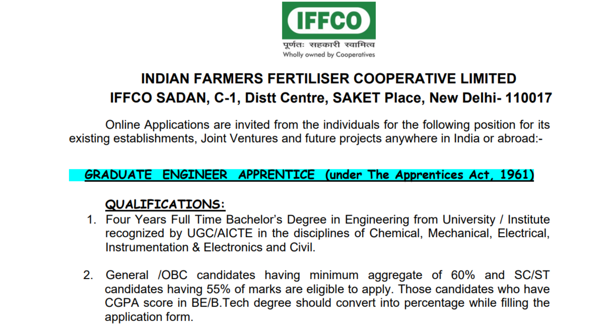 IFFCO Graduate Engineer Apprentice GEA Recruitment 2024 Apply Online for Apprentices