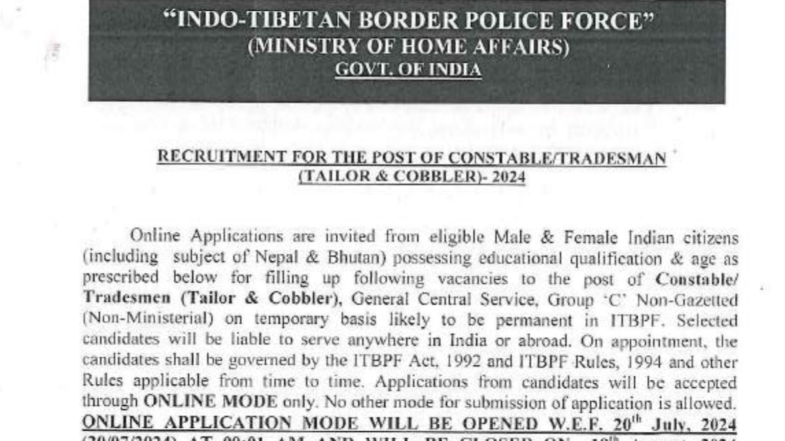 ITBP Constable Tradesman (Tailor & Cobbler) Recruitment 2024 Apply ...