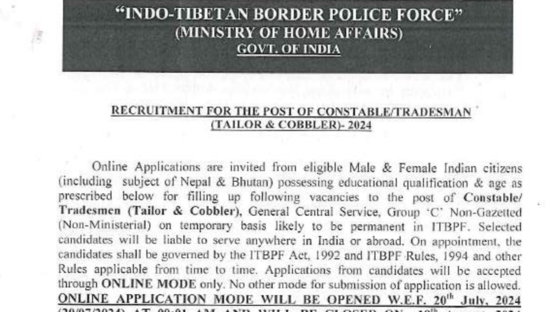 ITBP Tradesman Recruitment 2024 Notification Out, Apply Online