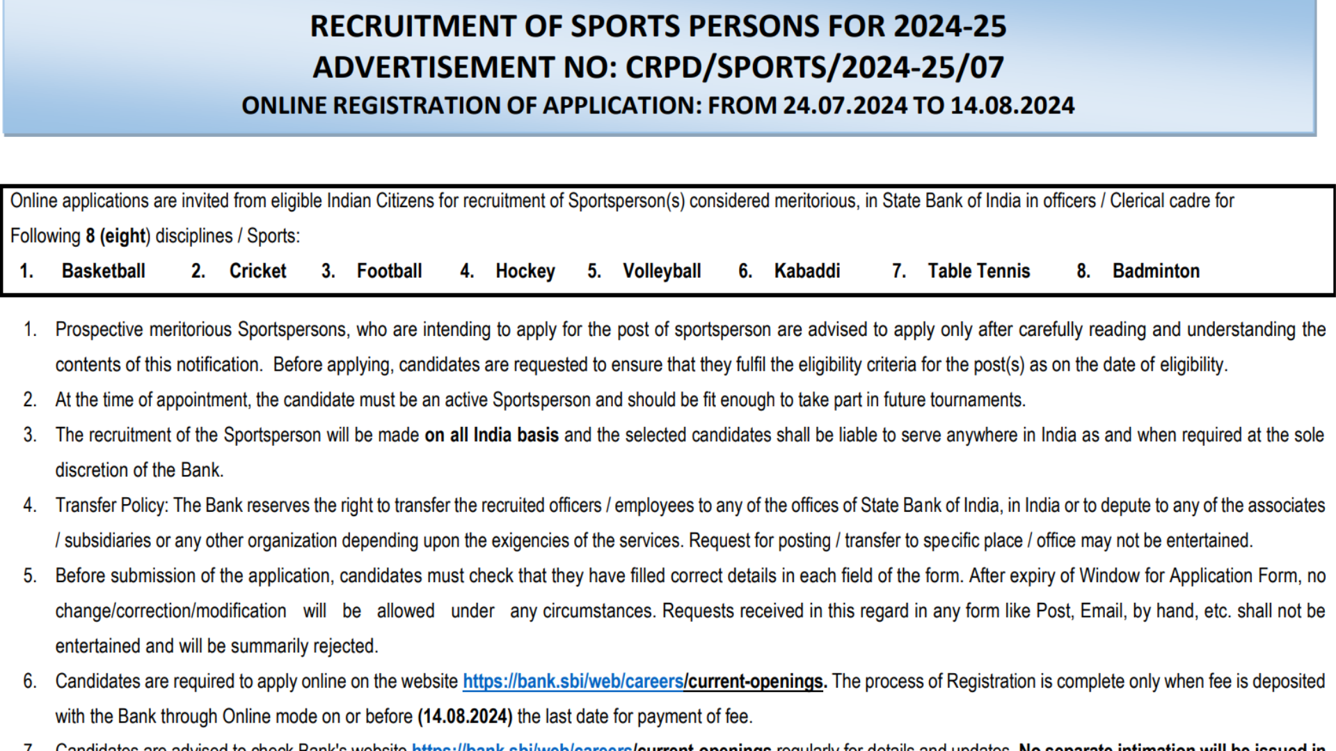 SBI Sports Quota Recruitment 2024 Notification Out for Clerk, Officer 68 Posts, Apply Online