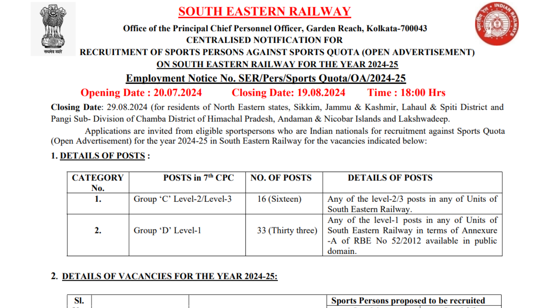 South Eastern Railway (SER) Sports Quota Recruitment 2024 Notification and Offline Form