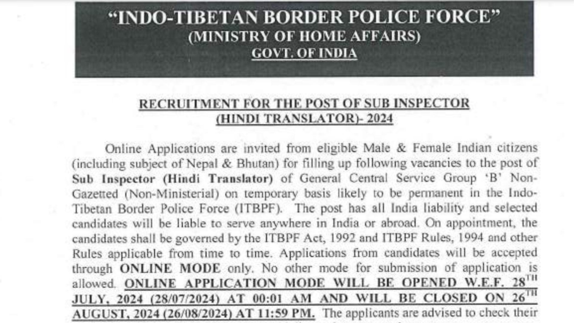 ITBP SI Hindi Translator Recruitment 2024 Notification Out, Apply Online