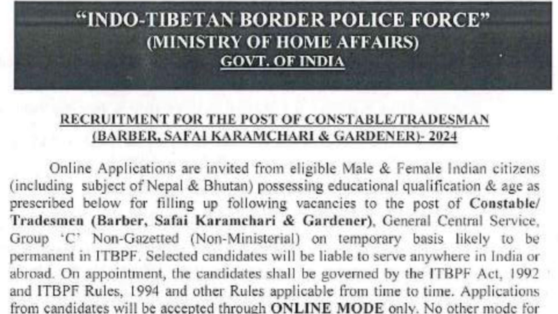 ITBP Constable Barber, Safai Karamchari, Gardener Recruitment 2024 Apply Online for 143 Post