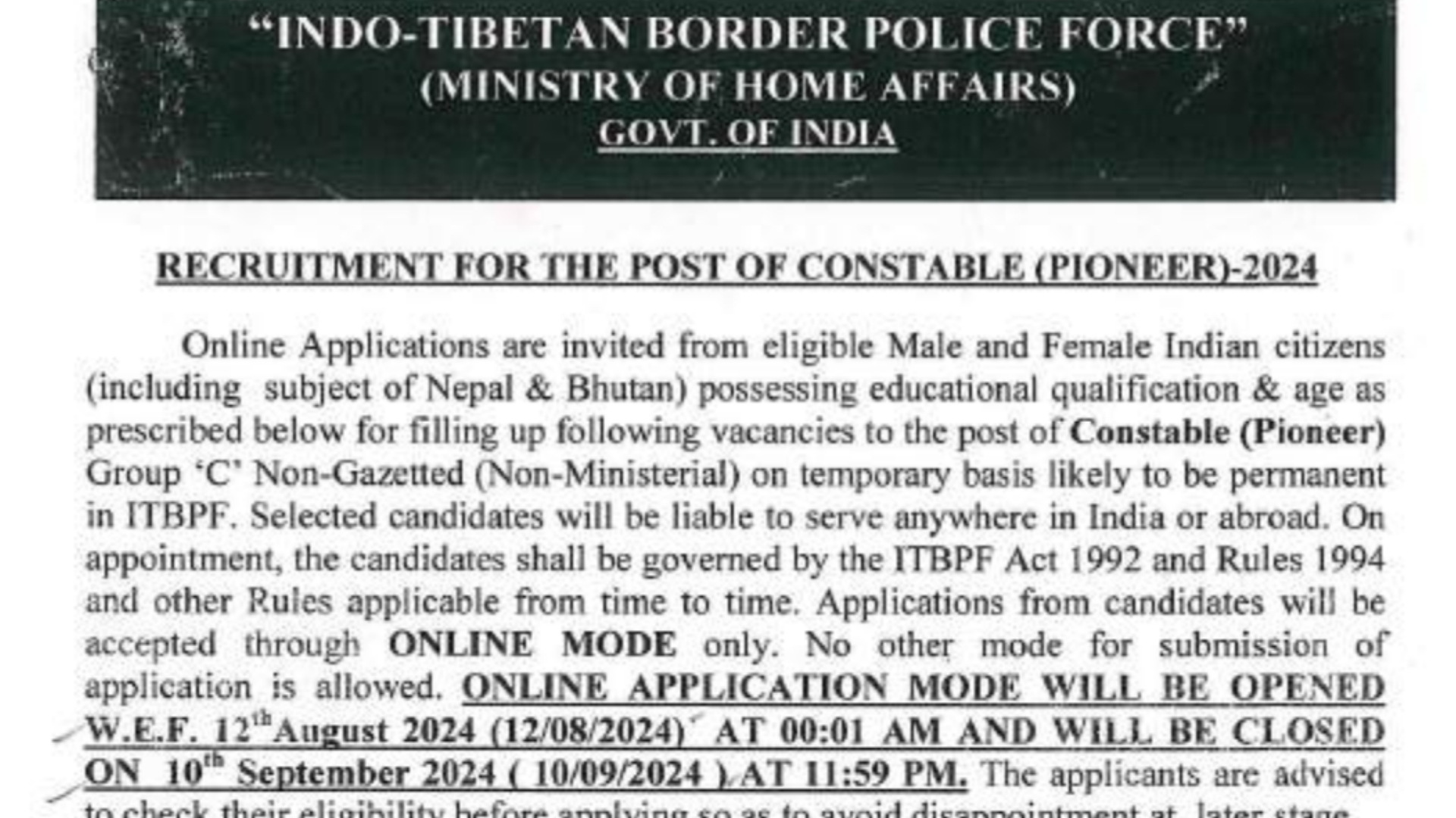 ITBP Constable Pioneer Recruitment 2024 Notification Out for 202 Posts, Apply Online