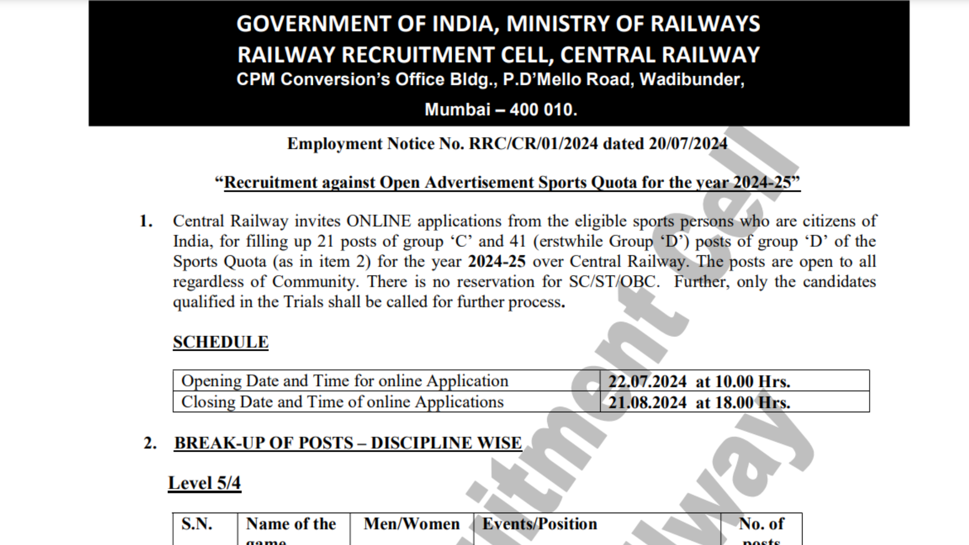 RRC CR Sports Quota Recruitment 2024 [62 Post] Notification and Online Form at rrccr.com