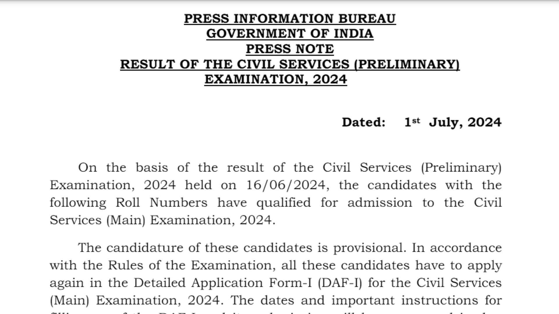 UPSC Civil Services IAS Pre / Forest Service IFS Recruitment 2024 Pre Exam Result Name Wise for 1206 Posts