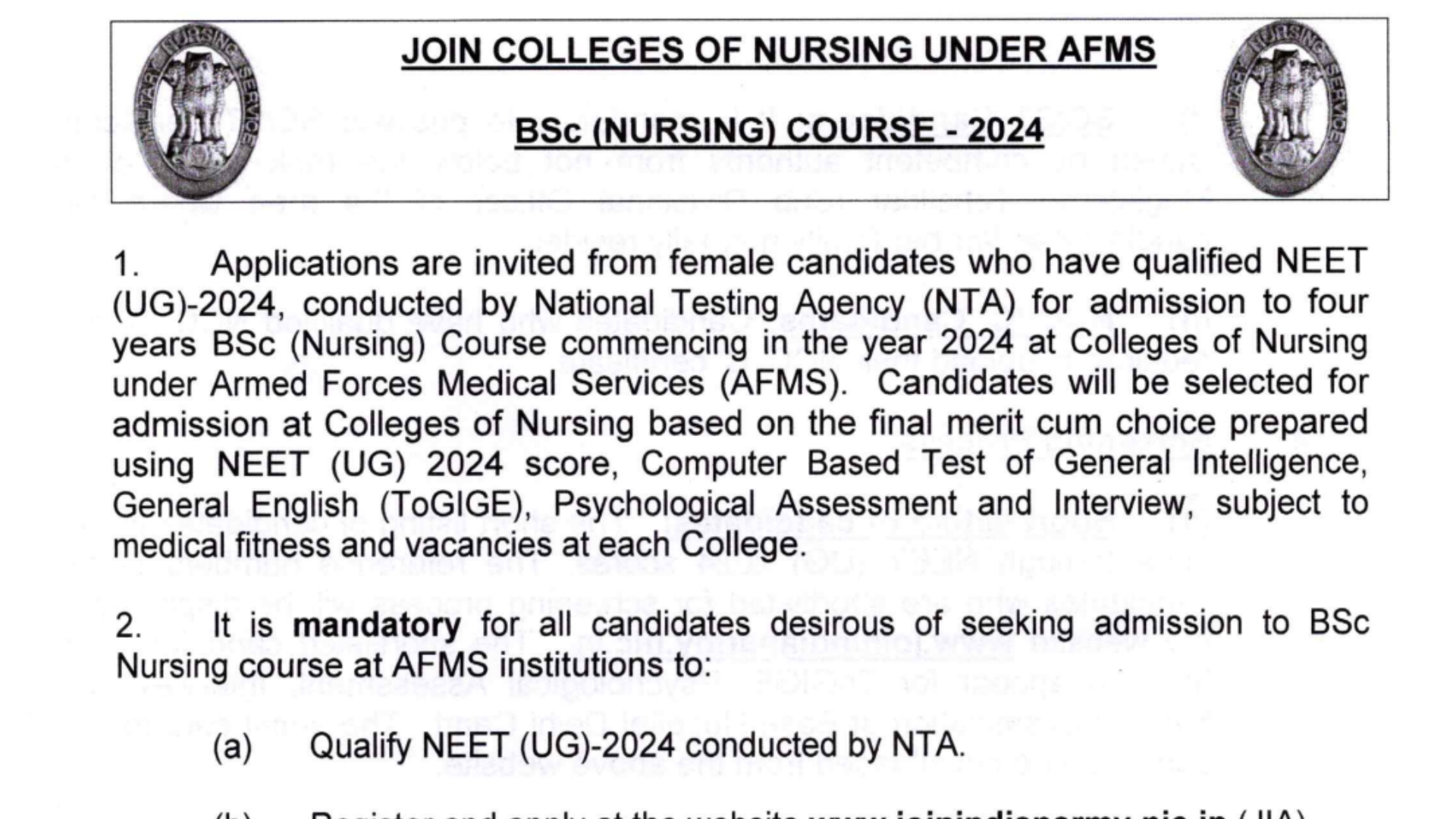 Indian Army B.Sc. Nursing Admission 2024 Notification and Application Form