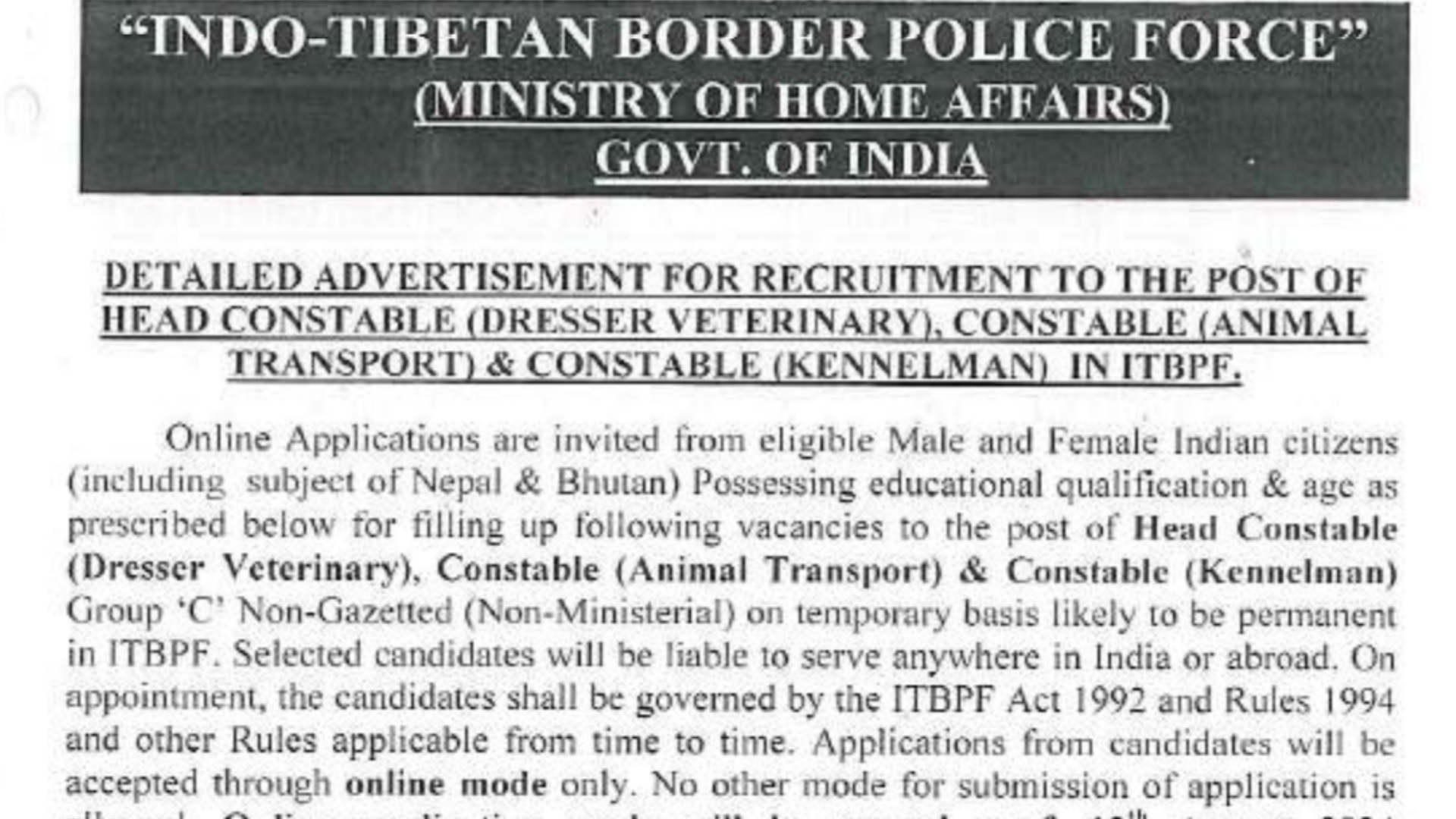 ITBP Veterinary Staff Recruitment 2024: HC, Constable Notificaiton and Online Form