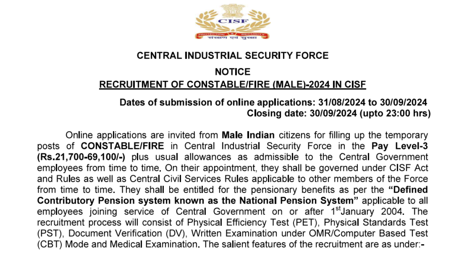 CISF Constable Fire (Fireman) Recruitment 2024 [1130 Post] Notification and Apply Online