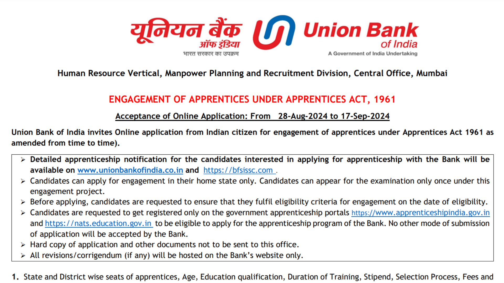 Union Bank of India Apprentice Recruitment 2024 [500 Post] Notification Out, Apply Online