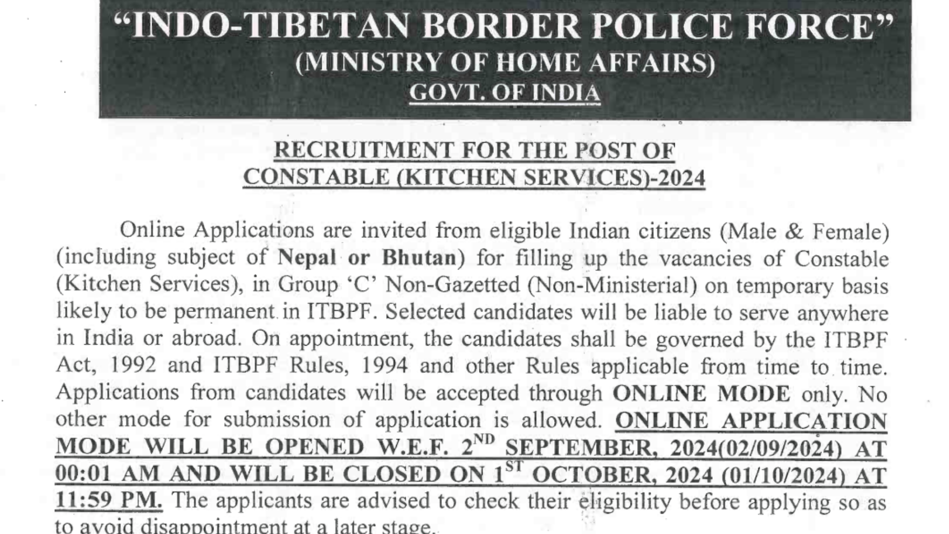 ITBP Constable Kitchen Services Recruitment 2024 [819 Post] Notification and Online Form