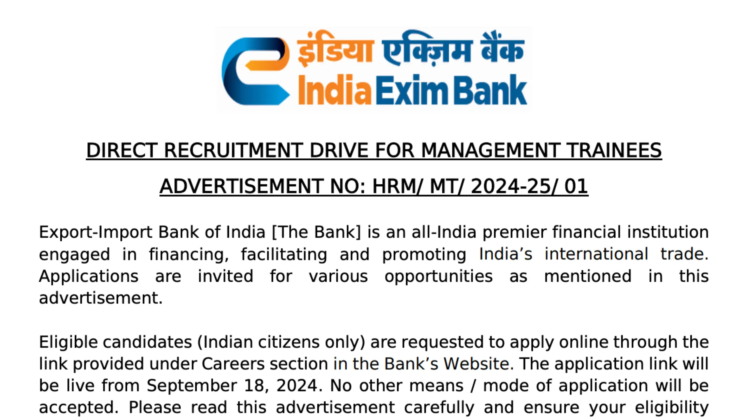 EXIM BANK PO Recruitment 2024 Notification PDF, Graduates can apply online from 18 Sep [Download PDF]