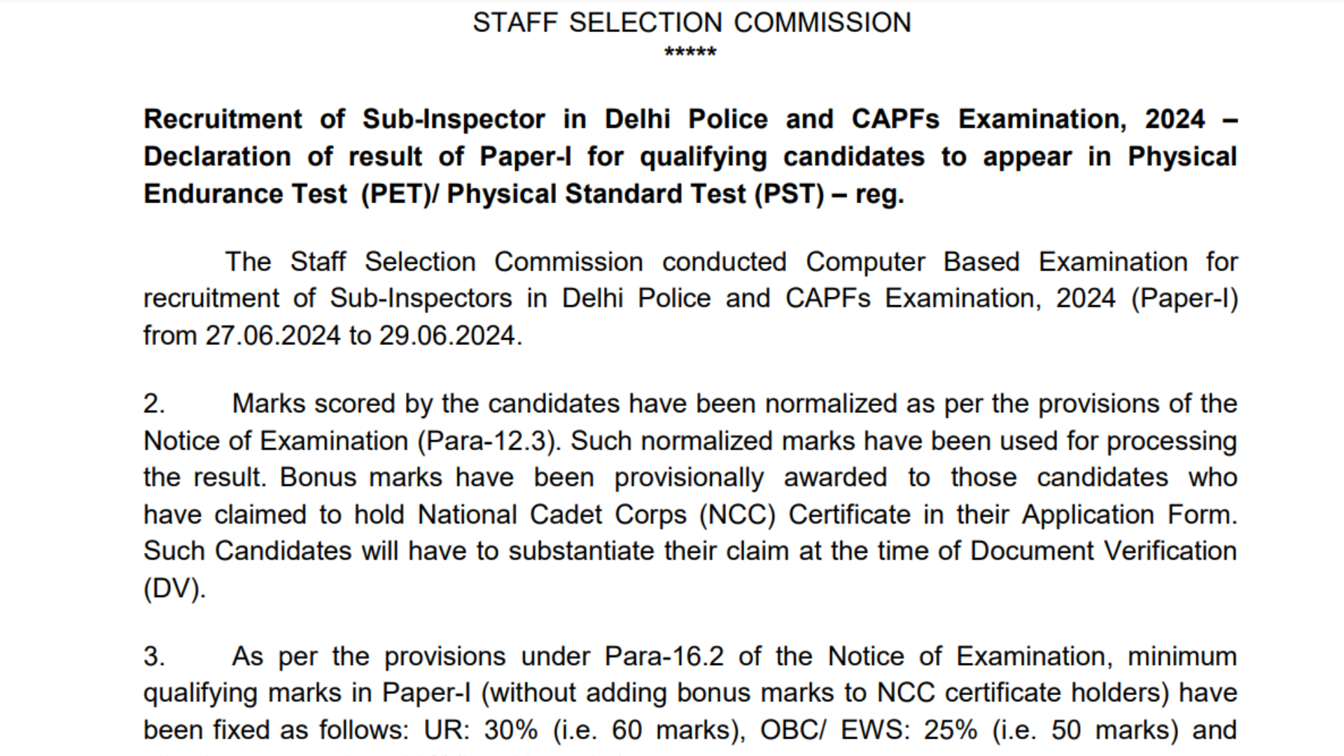 SSC CPO Result 2024 Tier-1 Out, Merit List, and Cutoff PDF Download Links Provided Here