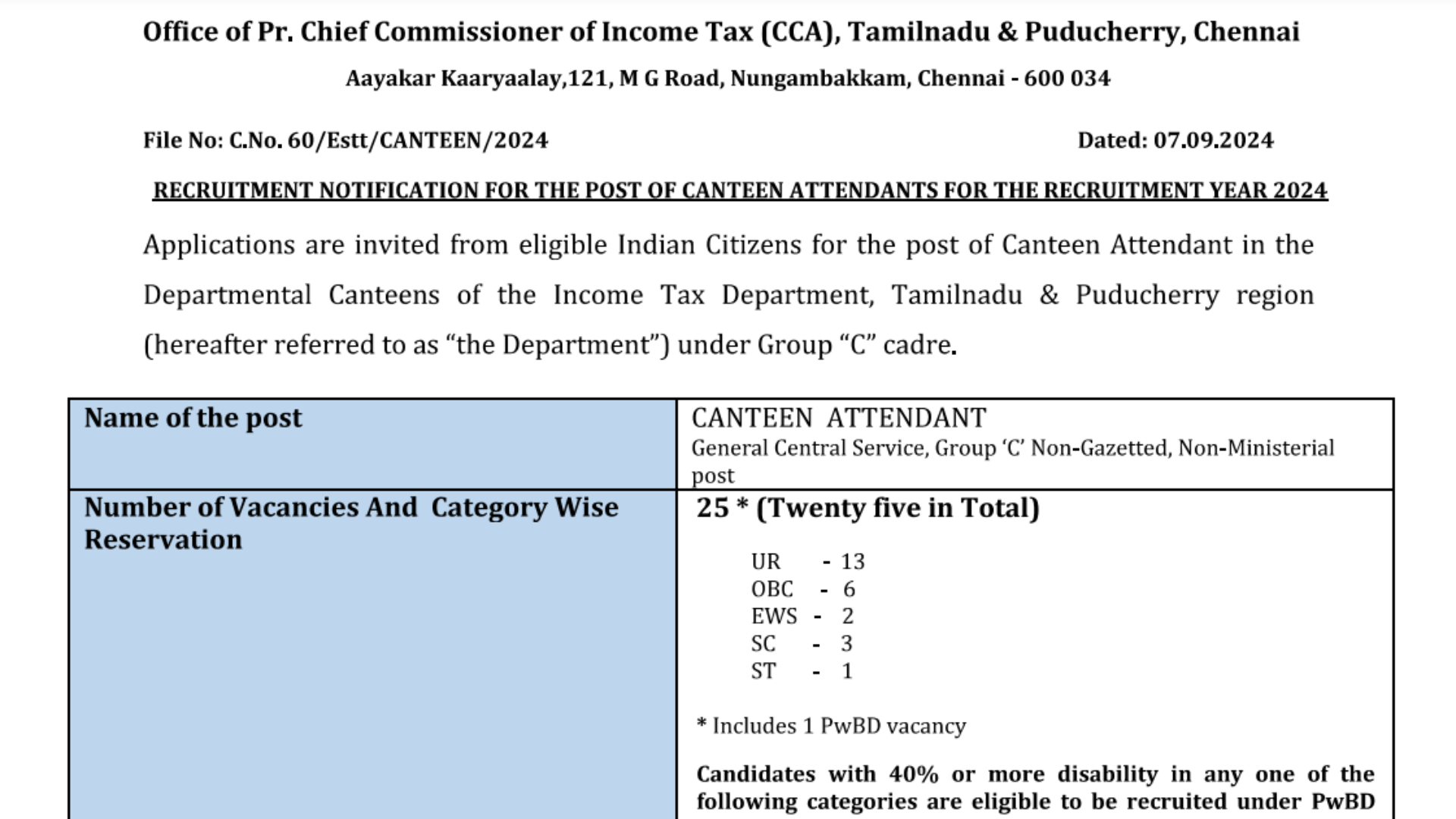 TN Income Tax Canteen Attendant Recruitment 2024 Notification and Online Application Form