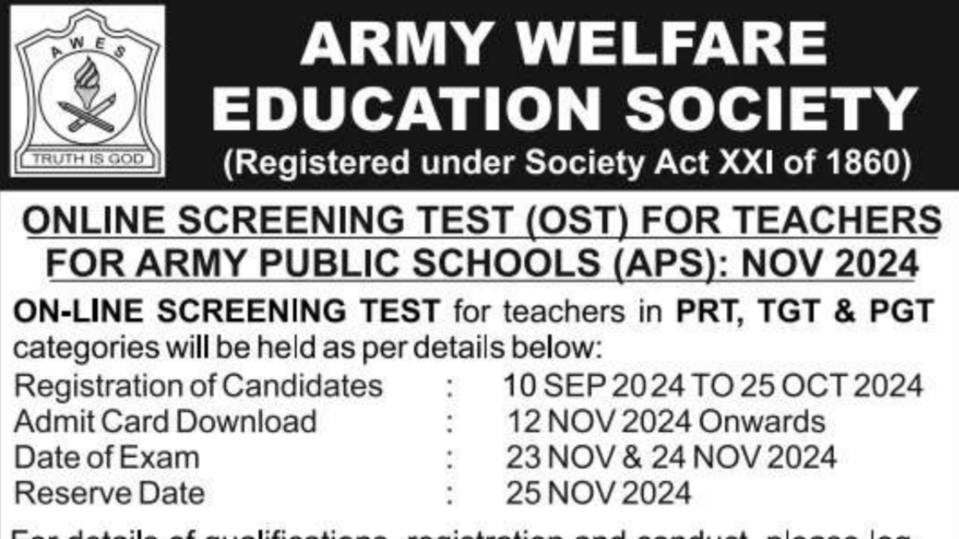 AWES 2024: Army Public School Recruitment OST Notification and Online Application Form