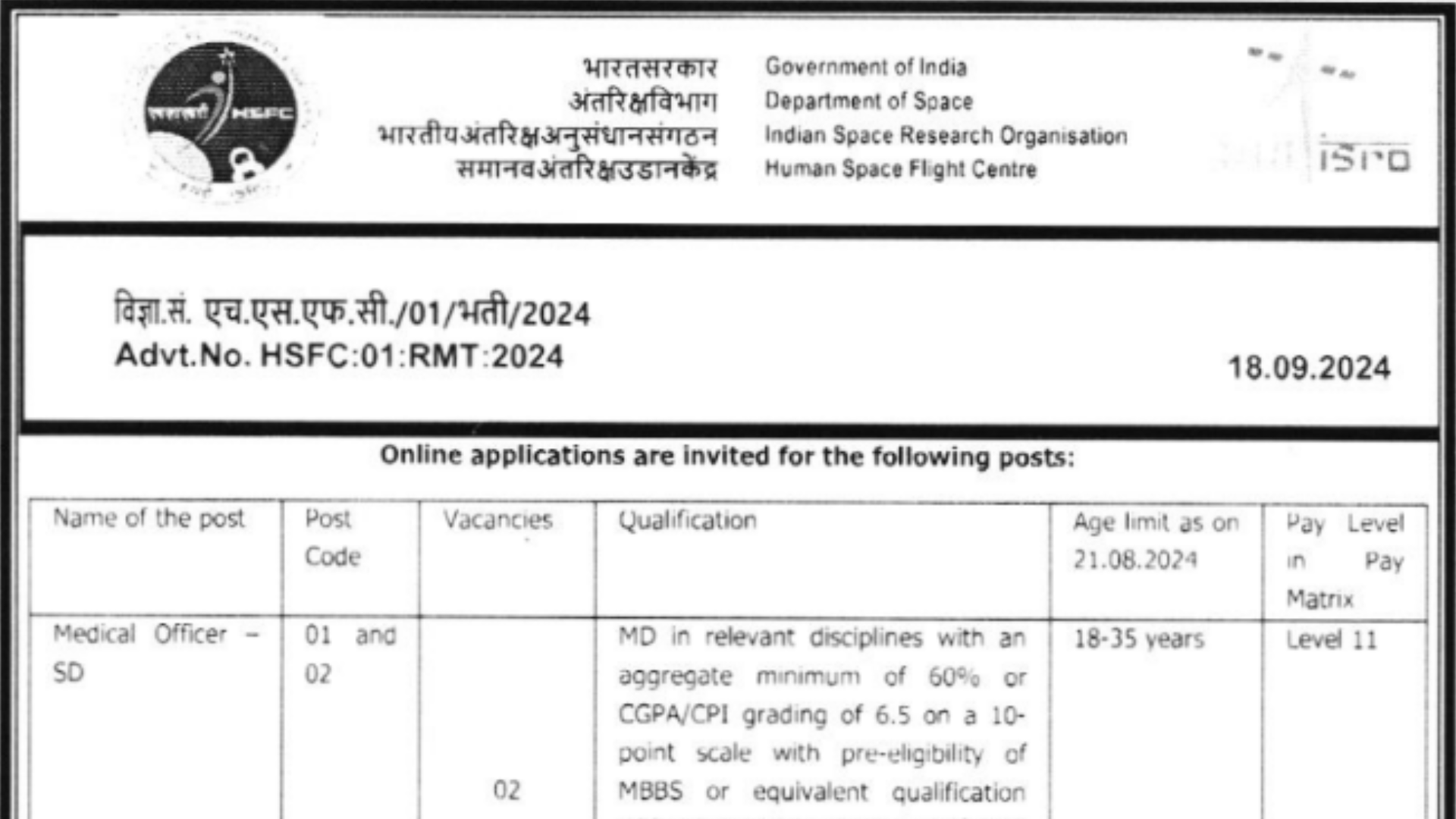 ISRO HSFC Recruitment 2024 Notificaiton Out for Various Posts, Apply Online at hsfc.gov.in