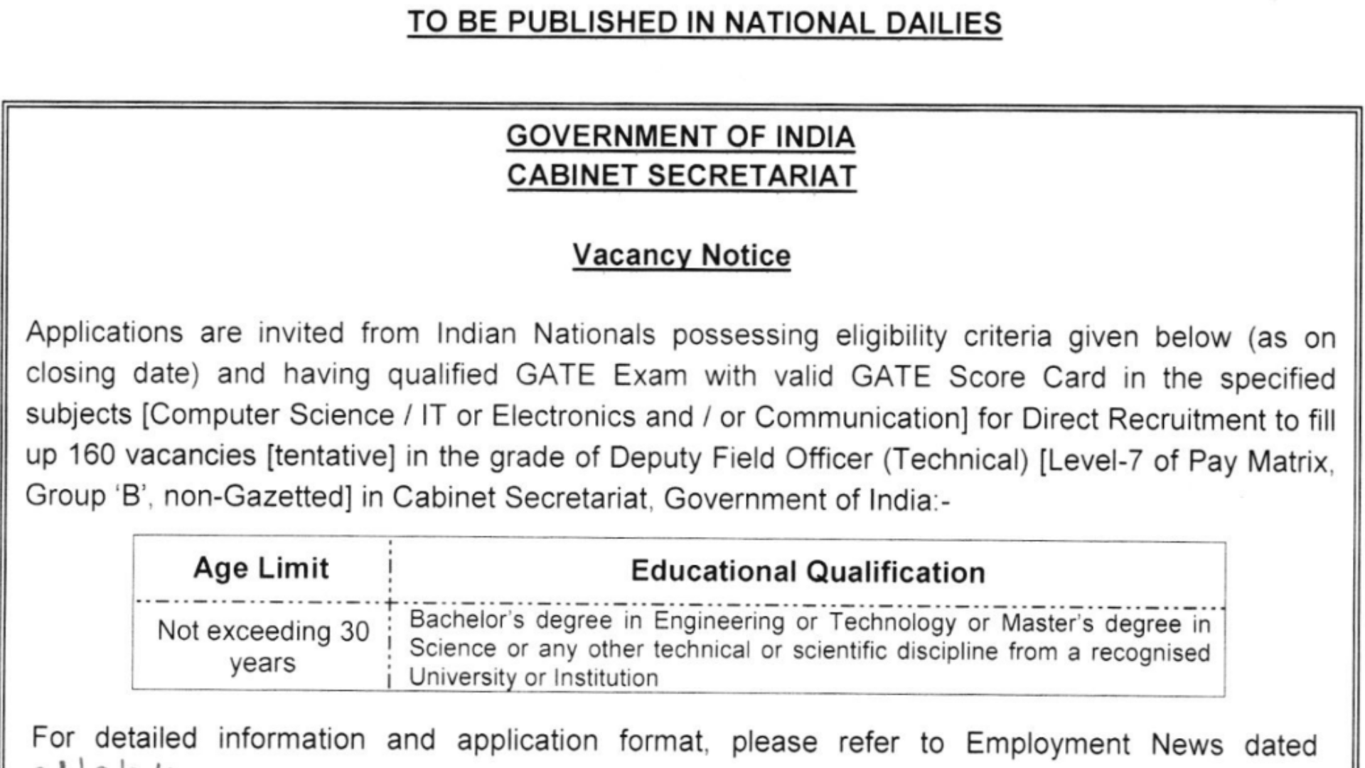 Cabinet Secretariat DFO Tech Recruitment 2024 Notification Out for 160 Posts, Offline Application Form