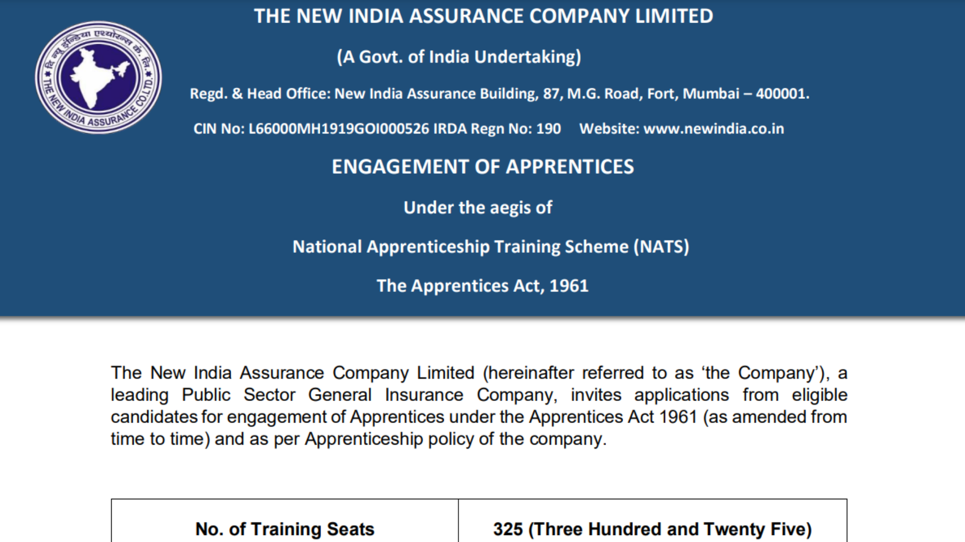 The New India Assurance Company Ltd NIACL Apprentice Recruitment 2024 Apply Online for 325 Post