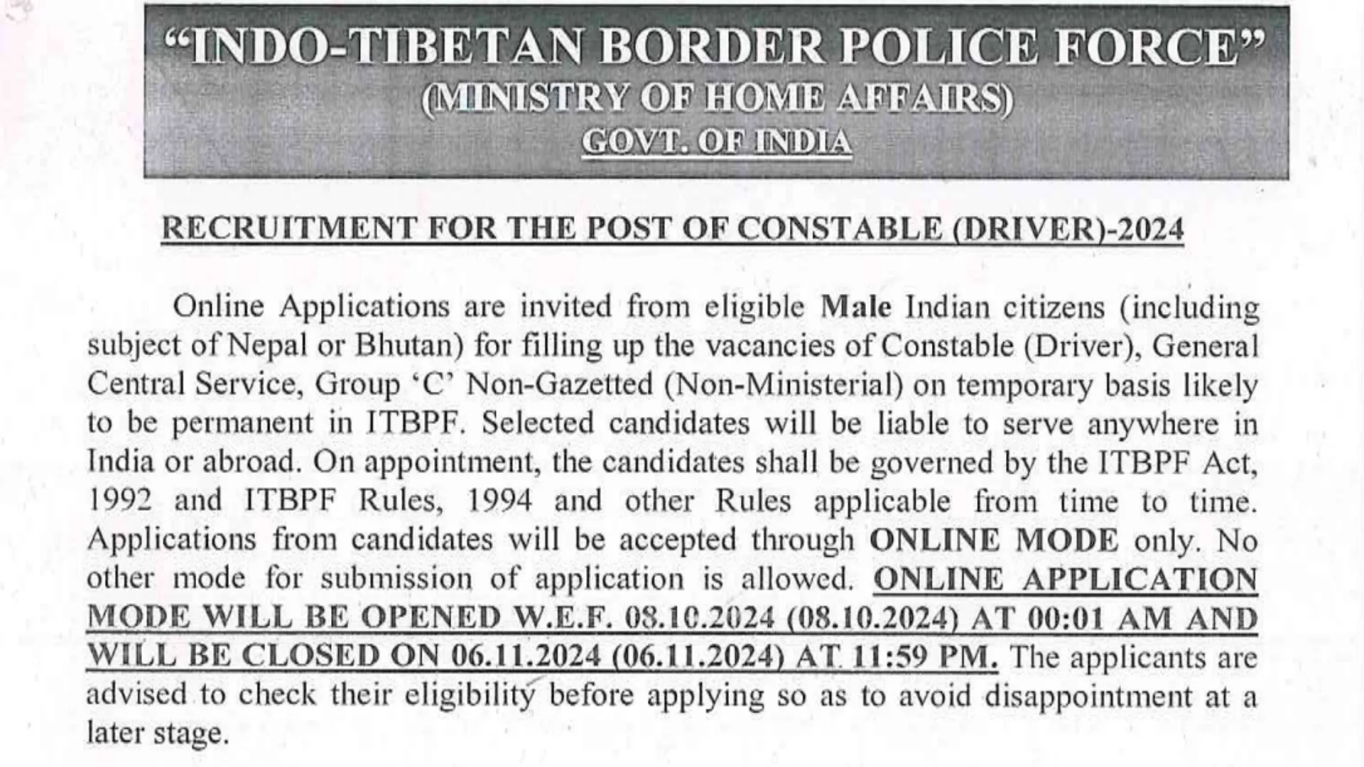 ITBP Driver Recruitment 2024 Notification Out for 545 Constable Posts, Online Application Form