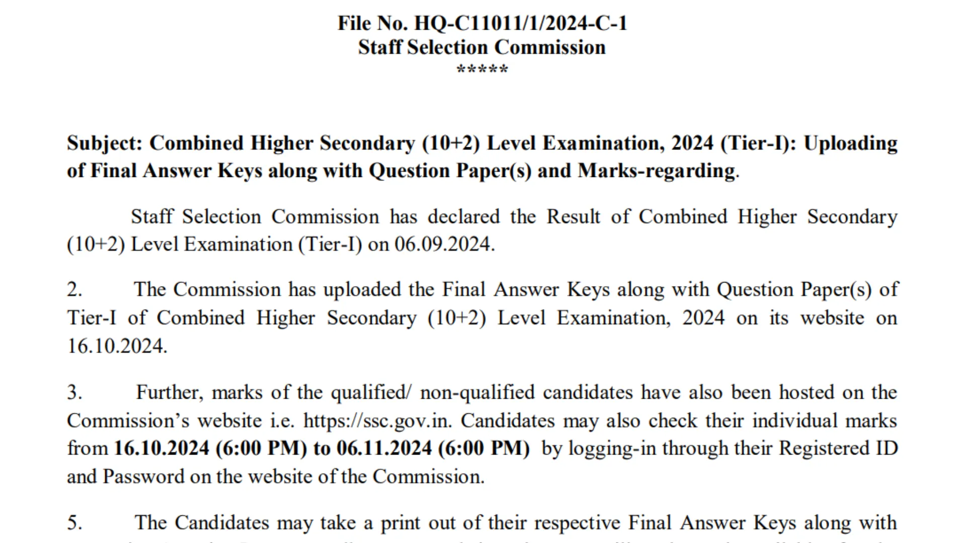 SSC Combined Higher Secondary Level CHSL 10+2 Examination 2024 Exam Tier I Result with Marks, Final Answer Key, Tier II Exam Date 2024 for 3712 Post