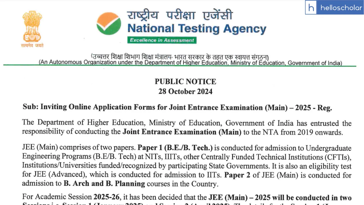 JEE Mains 2025 Notification PDF OUT, Check Exam Date, Download PDF