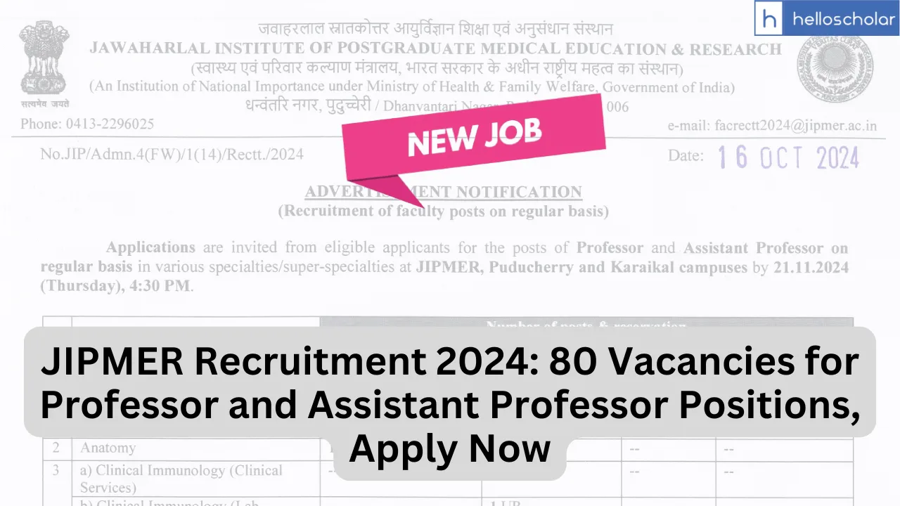 JIPMER Recruitment 2024: 80 Vacancies for Professor and Assistant Professor Positions, Apply Now