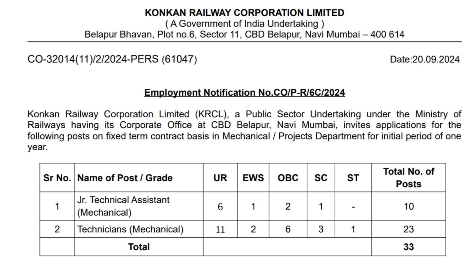 KRCL Recruitment 2024: Apply for 33 Vacancies for Jr. Technical Assistant and Technician Posts