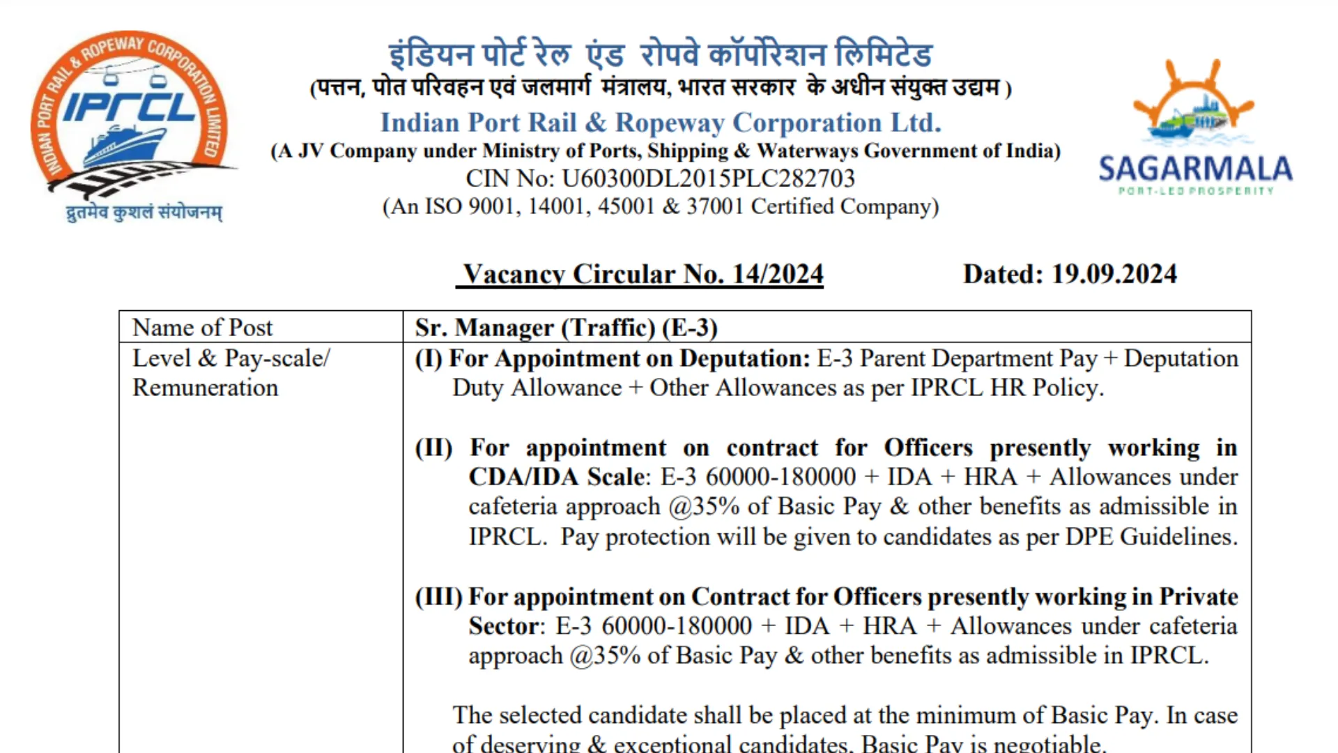 IPRCL Recruitment 2024: Apply Now for Sr. Manager (Traffic) (E-3) Position