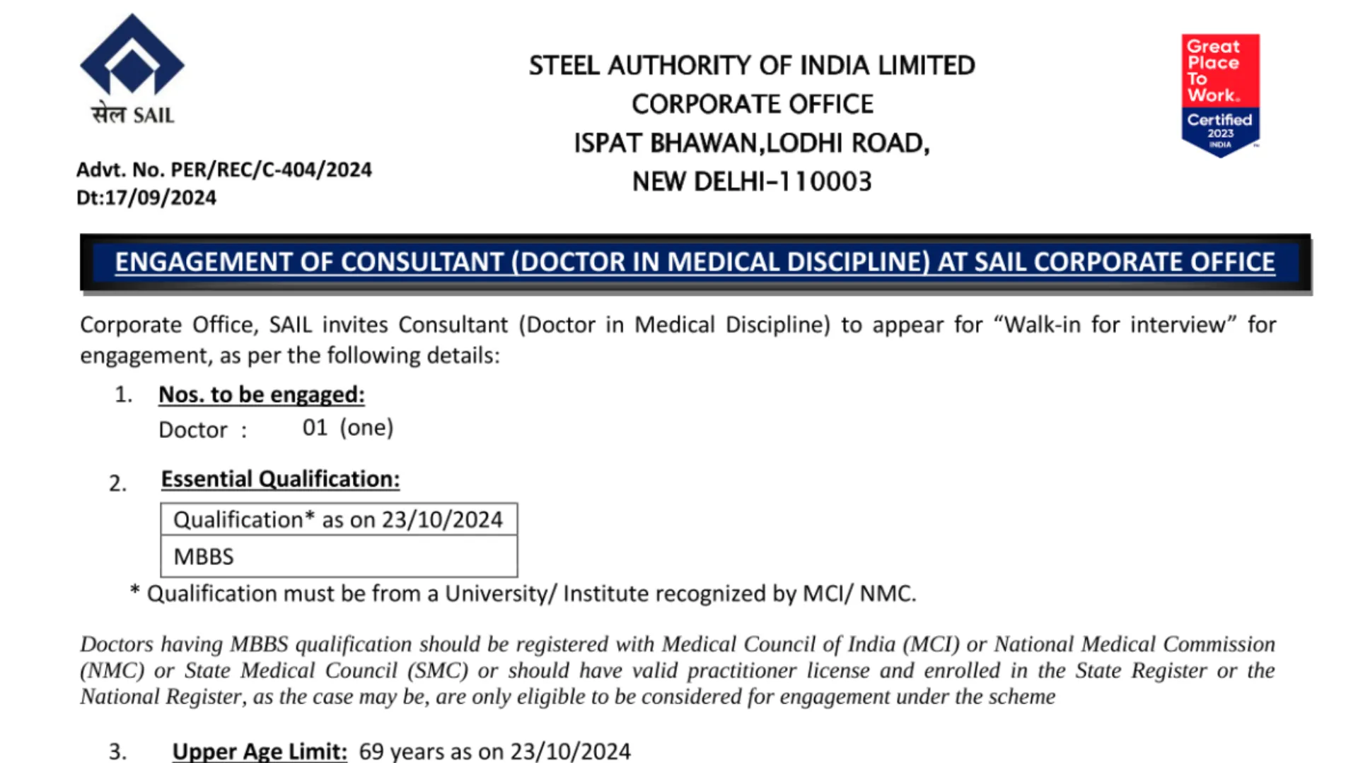 SAIL Recruitment 2024: Apply Now for Consultant Posts