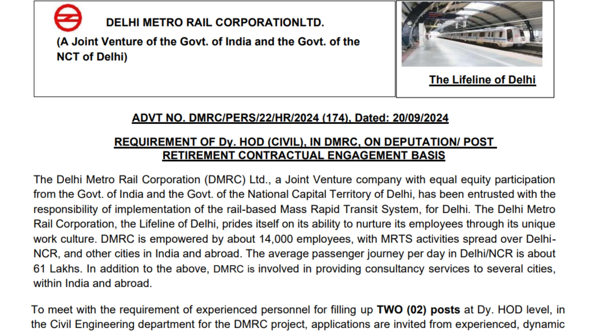 Delhi Metro Rail Corporation Recruitment 2024: Apply for JGM and DGM Posts