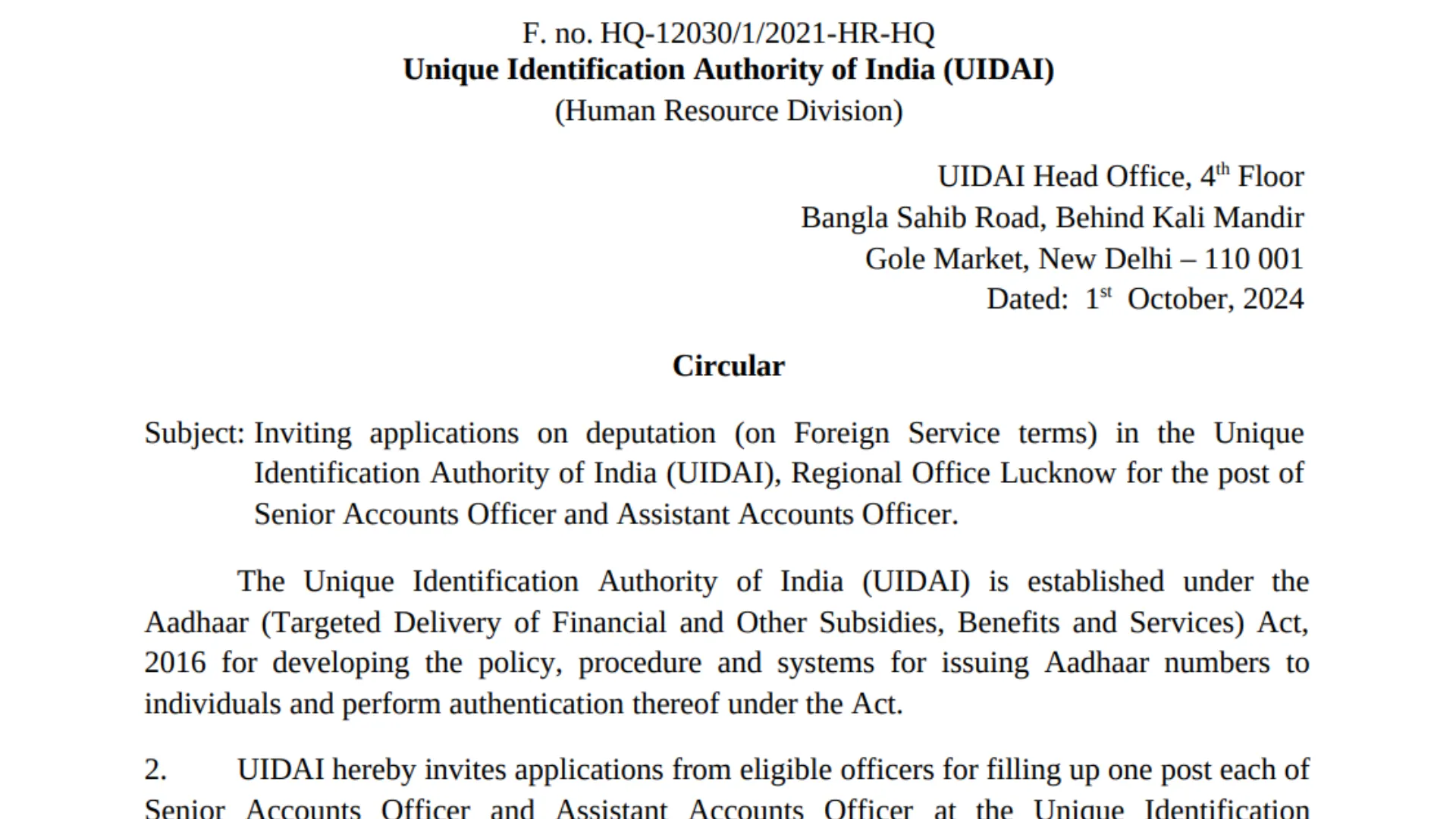 UIDAI Recruitment 2024: Apply for Senior Accounts Officer & Other Posts