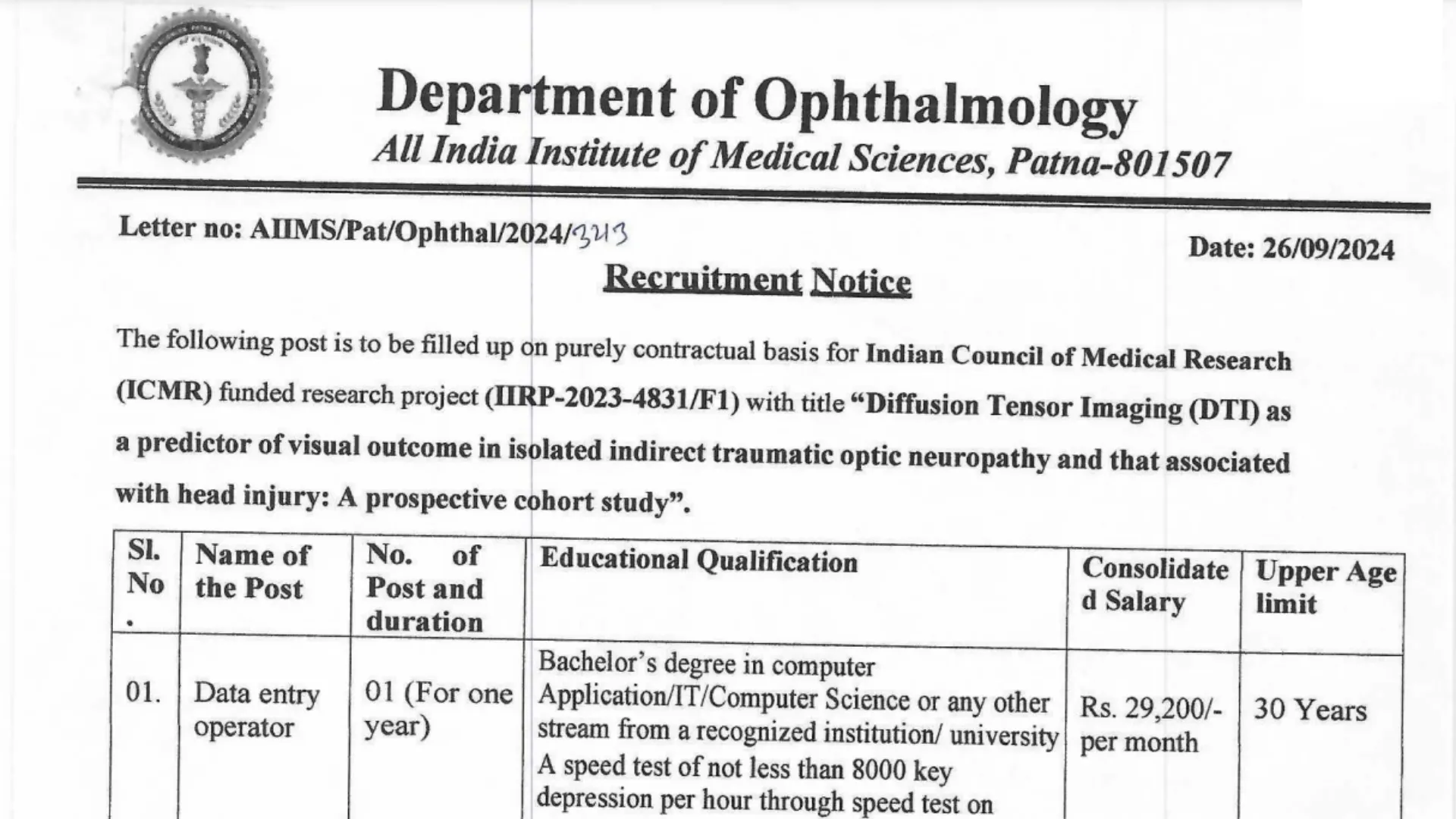 AIIMS Patna Recruitment 2024: Notification Out for Data Entry Operator and Office Helper Posts, Apply Now