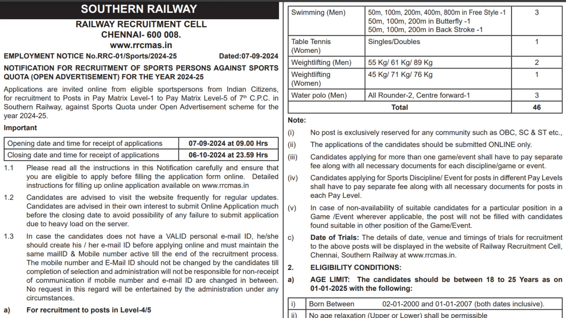 Railway RRC SR Sports Quota Recruitment 2024 Notification Out for 67 Posts, Online Form