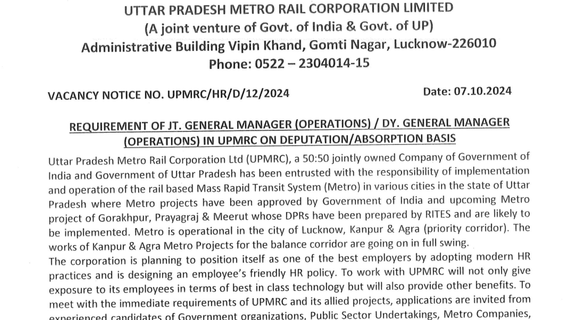 UPMRCL Recruitment 2024: New Notification Released and Applications Now Open